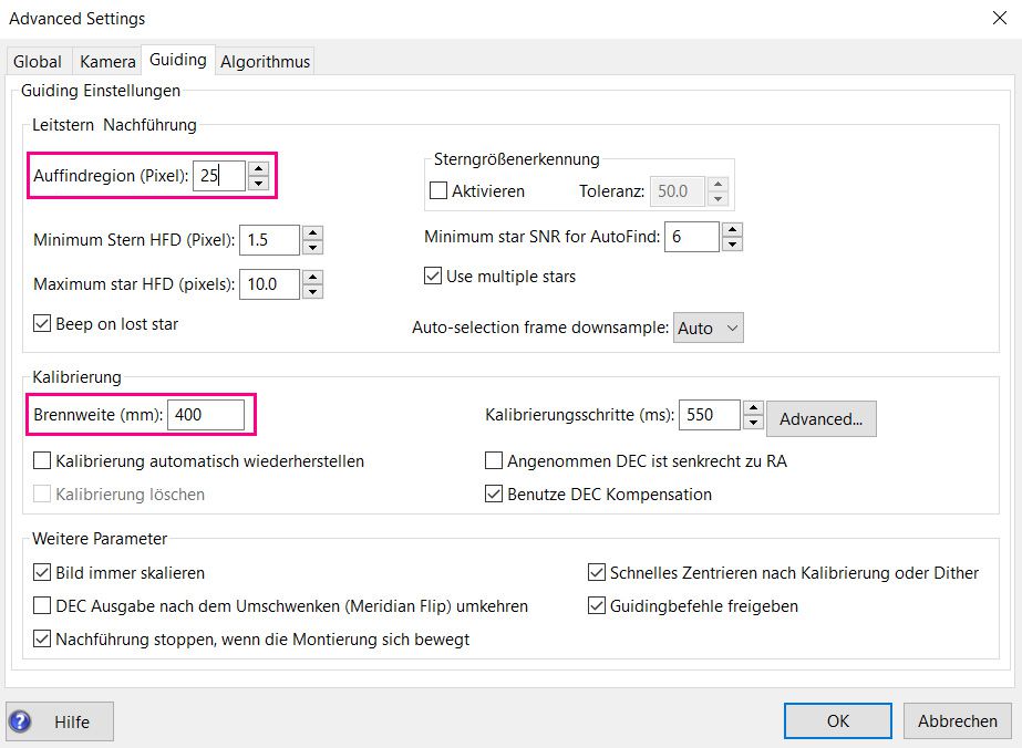 PHD2 Guiding Einstellungen