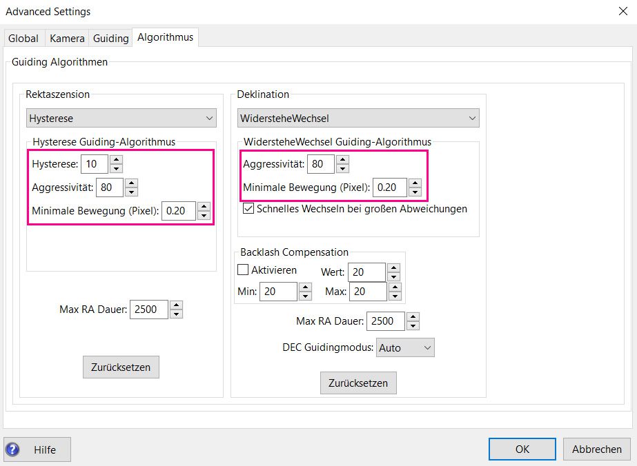 PHD2 Algorithmus - MGEN Einstellungen